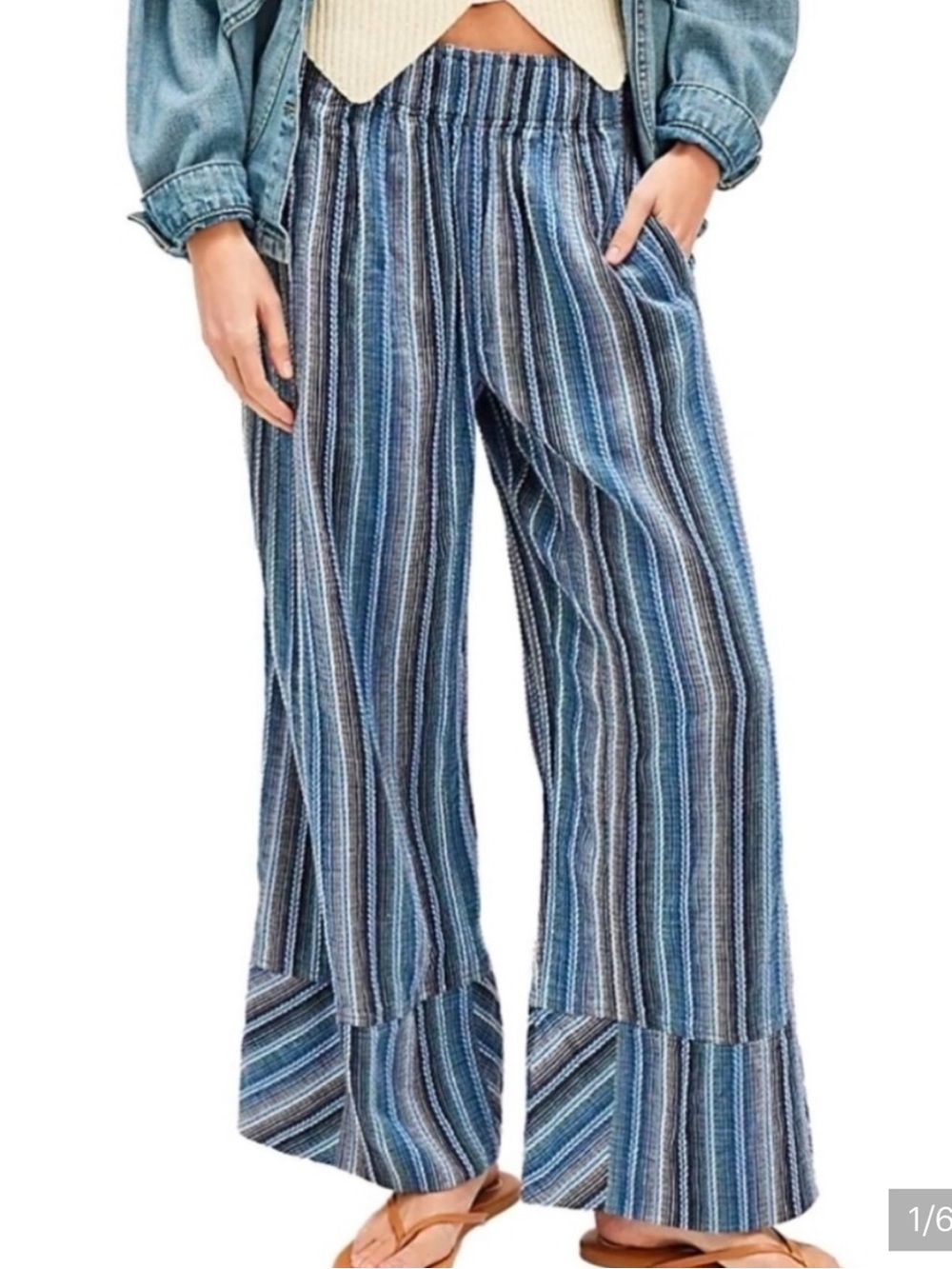 Free People Blue Striped Wide-Leg Pull-On Pants size medium
